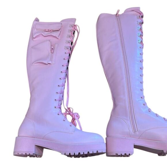 Current Mood Pink Knee High Obsidian Combat Boots - Picture 3 of 7